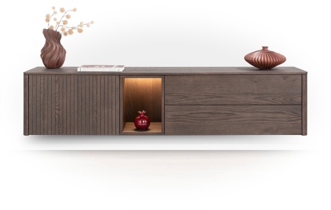 [od ręki] Szafka RTV / Lowboard TRENTON 180 cm, Fornir Dębowy Kolor Clay, Lamele, LED, 3w1 (Nogi/Cokół/Wisząca) – XOOON