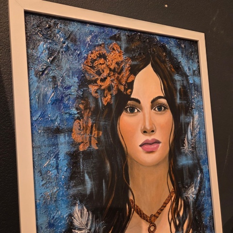 Obraz Ręcznie Malowany "Biały Anioł (Niebiański Spokój)" – Technika Mieszana na Sklejce [42x52 cm]