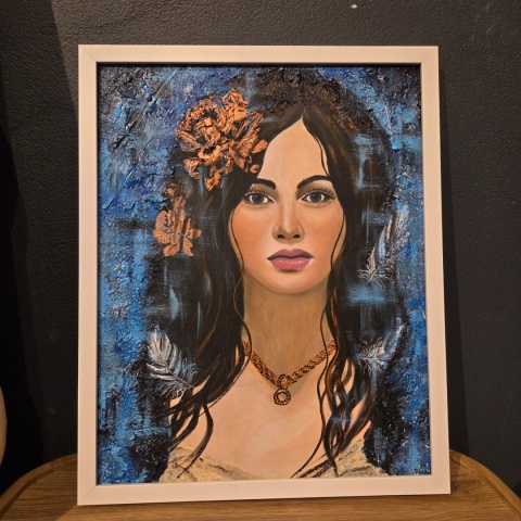 Obraz Ręcznie Malowany "Biały Anioł (Niebiański Spokój)" – Technika Mieszana na Sklejce [42x52 cm]