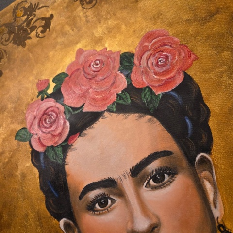 Obraz Ręcznie Malowany "Frida – Złota Pasja" – Akryl na Sklejce [55x75 cm]