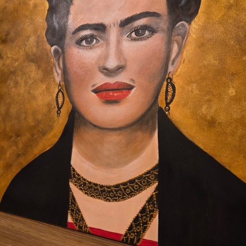 Obraz Ręcznie Malowany "Frida – Złota Pasja" – Akryl na Sklejce [55x75 cm]