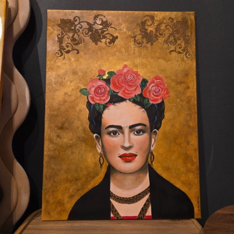 Obraz Ręcznie Malowany "Frida – Złota Pasja" – Akryl na Sklejce [55x75 cm]