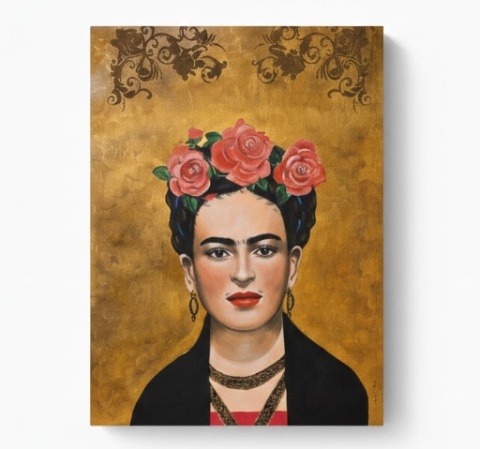 Obraz Ręcznie Malowany "Frida – Złota Pasja" – Akryl na Sklejce [55x75 cm]
