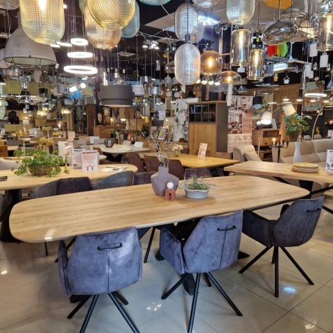 [R, od ręki] Stół Owalny SHIMLA 270 cm – Lity Dąb / Metalowa Noga Design