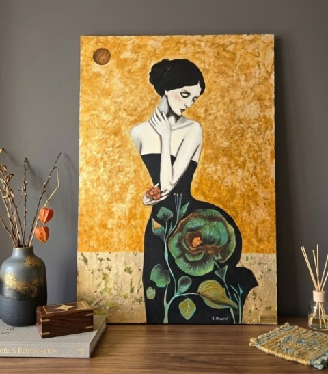 Obraz Ręcznie Malowany "Złoty Sen" – Elegancka Kobieta w Kwiatach [140x95]