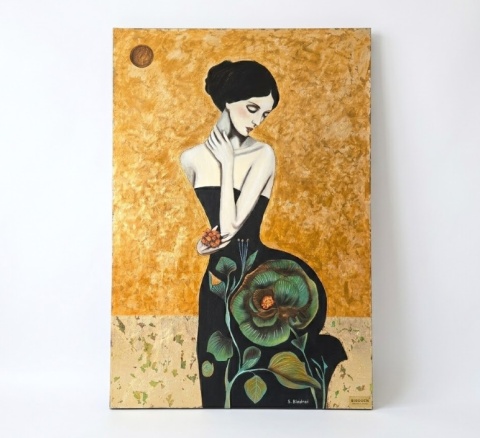 Obraz Ręcznie Malowany "Złoty Sen" – Elegancka Kobieta w Kwiatach [140x95]