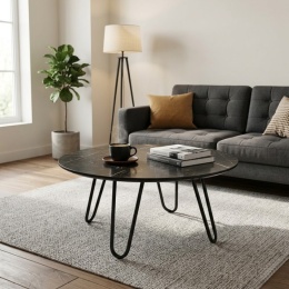 Stolik kawowy Brest 80 cm – optyka czarnego marmuru, HPL, czarne stalowe nogi