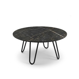 Stolik kawowy Brest 80 cm – optyka czarnego marmuru, HPL, czarne stalowe nogi