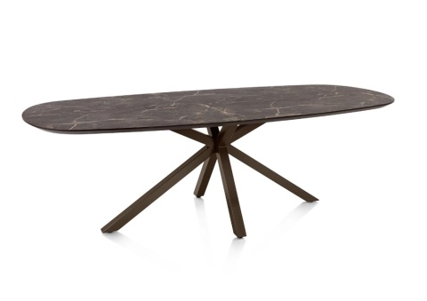 [M] Owalny stół jadalniany Caletta 240 x 105 cm – Marble Brown HPL, czarna metalowa noga