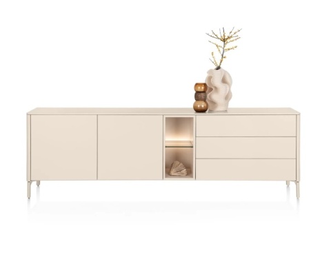 [M, defekt] Designerska komoda Trentino 240 cm – Lakier Krem, LED, system Push-to-Open