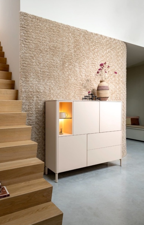 [R] Wysoka komoda Dressette Trentino 153 cm – Lakier Krem, LED, Push-to-Open