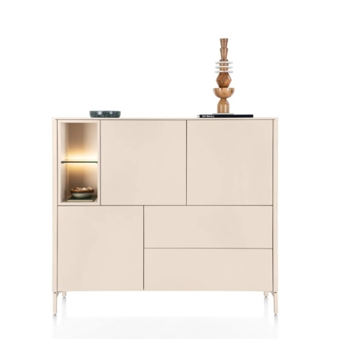 [R] Wysoka komoda Dressette Trentino 153 cm – Lakier Krem, LED, Push-to-Open