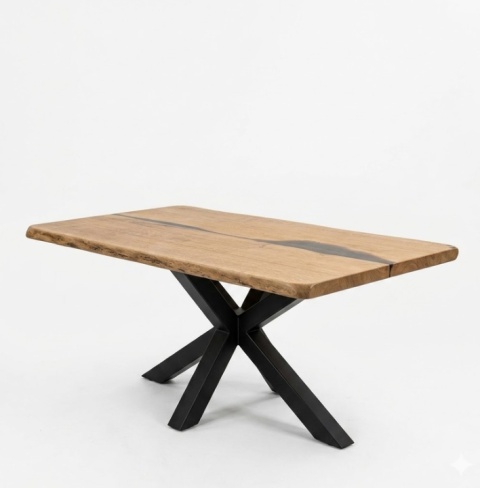 [R, od ręki] Stół MONOLIT – Lite drewno dębowe z żywicą i żywą krawędzią 150 x 90 cm