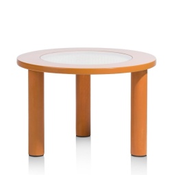 Stolik kawowy BARRY Ø60 cm – pomarańczowy MDF, rattan, szkło, COCO maison