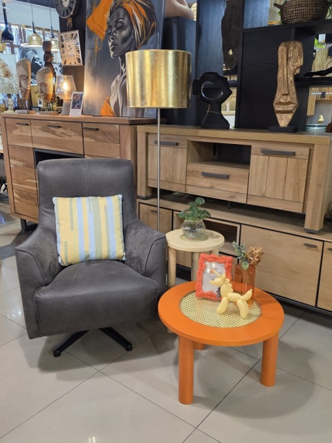 Stolik kawowy BARRY Ø60 cm – pomarańczowy MDF, rattan, szkło, COCO maison