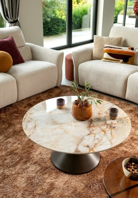[od ręki] Okrągły Stolik Kawowy Avelli 90 cm - Ceramiczny Blat, Metalowa Podstawa Steelbrown