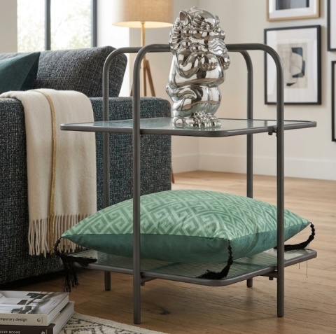 Designerski Dwupoziomowy Stolik Pomocniczy LOUIS 50 cm – COCO maison | Czarny Metal, Szklane Blaty, Styl Loft