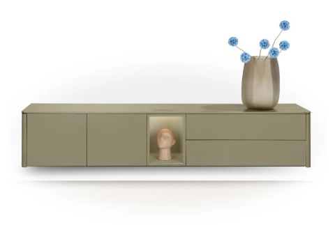 [K] Szafka RTV / Lowboard TRENTINO 211 cm – Lakierowany MDF w Kolorze Oliwkowym, System Push-to-Open, Oświetlenie LED