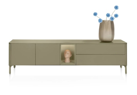 [K] Szafka RTV / Lowboard TRENTINO 211 cm – Lakierowany MDF w Kolorze Oliwkowym, System Push-to-Open, Oświetlenie LED