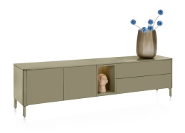[K] Szafka RTV / Lowboard TRENTINO 211 cm – Lakierowany MDF w Kolorze Oliwkowym, System Push-to-Open, Oświetlenie LED