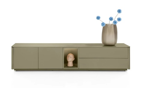 [K] Szafka RTV / Lowboard TRENTINO 211 cm – Lakierowany MDF w Kolorze Oliwkowym, System Push-to-Open, Oświetlenie LED