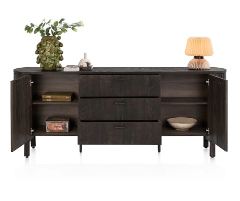 [K, defekt] Komoda / Sideboard RAVELLO 220 cm – Fornir Dębowy w Kolorze Bazaltowym, Matowy Lakier Platynowy, Soft-Closing