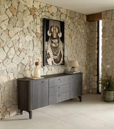 [K, defekt] Komoda / Sideboard RAVELLO 220 cm – Fornir Dębowy w Kolorze Bazaltowym, Matowy Lakier Platynowy, Soft-Closing