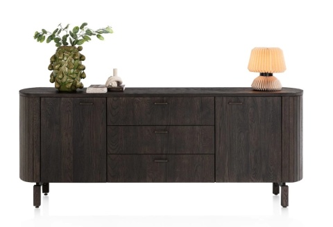 [K, defekt] Komoda / Sideboard RAVELLO 220 cm – Fornir Dębowy w Kolorze Bazaltowym, Matowy Lakier Platynowy, Soft-Closing