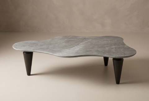 Stolik Kawowy VERONA 120 cm – Blat Ceramiczny Szary Marmur, Designerskie Drewniane Nogi, Profil Niski