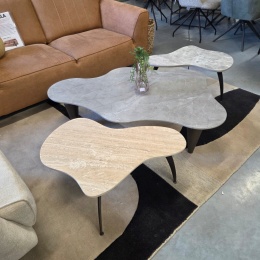 Stolik Kawowy VERONA 120 cm – Blat Ceramiczny Szary Marmur, Designerskie Drewniane Nogi, Profil Niski