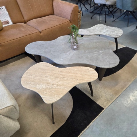 Stolik Kawowy VERONA 120 cm – Blat Ceramiczny Szary Marmur, Designerskie Drewniane Nogi, Profil Niski