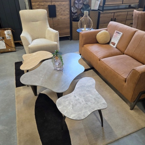 Stolik Kawowy VERONA 120 cm – Blat Ceramiczny Szary Marmur, Designerskie Drewniane Nogi, Profil Niski
