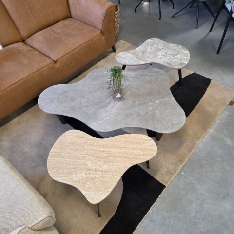 Stolik Kawowy VERONA 120 cm – Blat Ceramiczny Szary Marmur, Designerskie Drewniane Nogi, Profil Niski