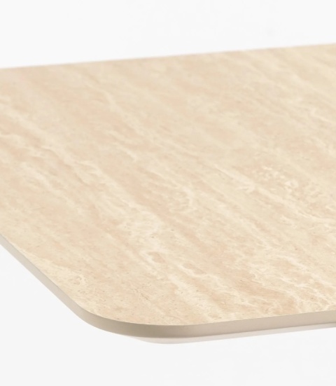 [K, od ręki] Prostokątny Stół Barowy BREST 120 x 75 cm – COCO maison | Blat HPL Trawertyn Look, Podwójna Złota Noga