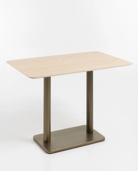 [K, od ręki] Prostokątny Stół Barowy BREST 120 x 75 cm – COCO maison | Blat HPL Trawertyn Look, Podwójna Złota Noga