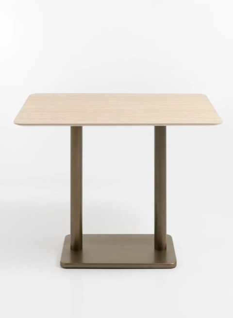[K, od ręki] Prostokątny Stół Barowy BREST 120 x 75 cm – COCO maison | Blat HPL Trawertyn Look, Podwójna Złota Noga