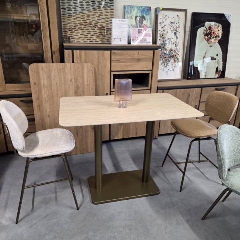 [K, od ręki] Prostokątny Stół Barowy BREST 120 x 75 cm – COCO maison | Blat HPL Trawertyn Look, Podwójna Złota Noga
