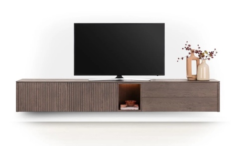 [od ręki] Szafka RTV Lowboard TRENTON 270 cm – XOOON | Fornir Dębowy Clay, Podświetlenie LED, System Push-to-Open