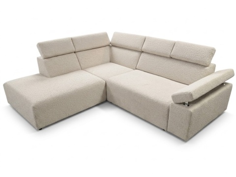 [od ręki] Narożnik CUDDLY 230 x 260 cm – Tkanina Boucle, Sprężyny Kieszeniowe, Siedzisko Sterowane Pilotem, Schowek