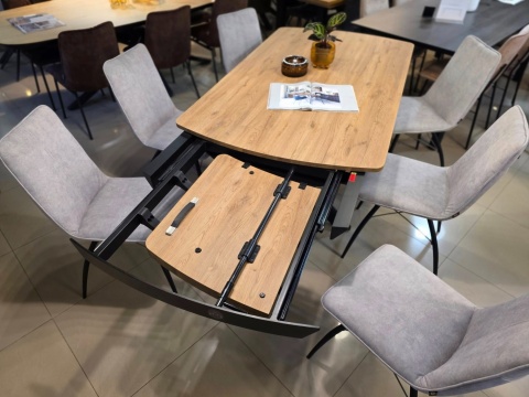 [na zamówienie] Rozkładany Stół Jadalniany PAVALON 170–230 cm – Blat HPL Primo Laminato Barnwood – Centralna Noga Designerska