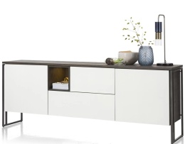 Industrialna komoda GLASGOW 190 cm – Dąb Carbon i Biały MDF – Zintegrowane Oświetlenie LED