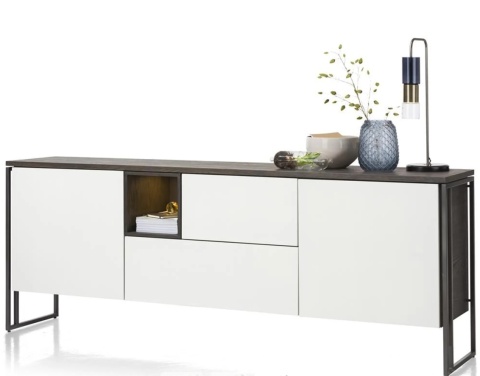 Industrialna komoda GLASGOW 190 cm – Dąb Carbon i Biały MDF – Zintegrowane Oświetlenie LED