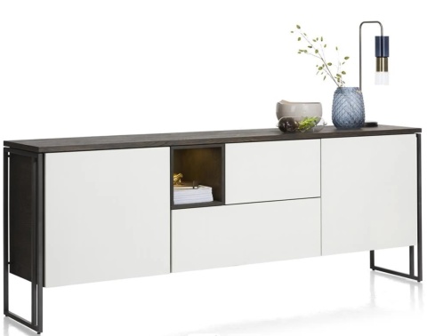 Industrialna komoda GLASGOW 190 cm – Dąb Carbon i Biały MDF – Zintegrowane Oświetlenie LED