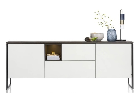 Industrialna komoda GLASGOW 190 cm – Dąb Carbon i Biały MDF – Zintegrowane Oświetlenie LED