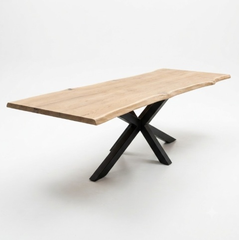 [od ręki] Rozkładany Stół Dębowy 200–280 x 100 cm – Lite Drewno 4 cm z Krawędzią Live Edge – Stalowy Stelaż Pająk Premium