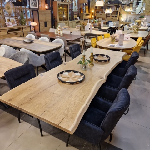 [od ręki] Rozkładany Stół Dębowy 200–280 x 100 cm – Lite Drewno 4 cm z Krawędzią Live Edge – Stalowy Stelaż Pająk Premium