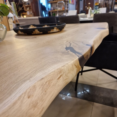 [od ręki] Rozkładany Stół Dębowy 200–280 x 100 cm – Lite Drewno 4 cm z Krawędzią Live Edge – Stalowy Stelaż Pająk Premium