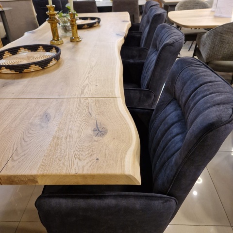 [od ręki] Rozkładany Stół Dębowy 200–280 x 100 cm – Lite Drewno 4 cm z Krawędzią Live Edge – Stalowy Stelaż Pająk Premium