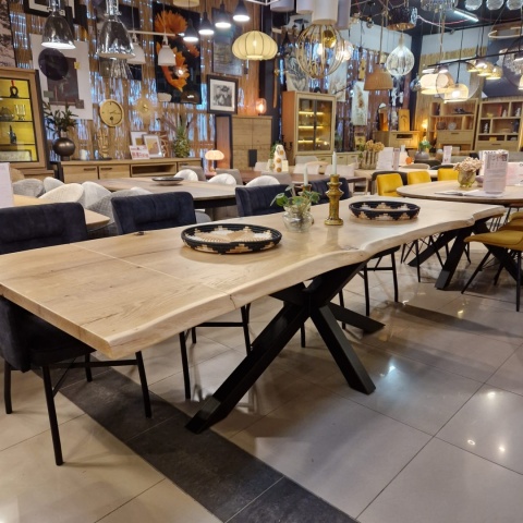 [od ręki] Rozkładany Stół Dębowy 200–280 x 100 cm – Lite Drewno 4 cm z Krawędzią Live Edge – Stalowy Stelaż Pająk Premium