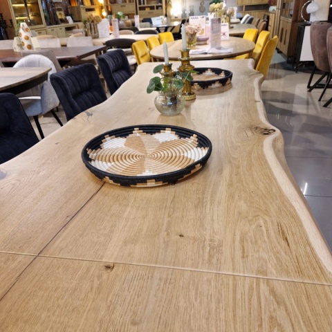 [od ręki] Rozkładany Stół Dębowy 200–280 x 100 cm – Lite Drewno 4 cm z Krawędzią Live Edge – Stalowy Stelaż Pająk Premium
